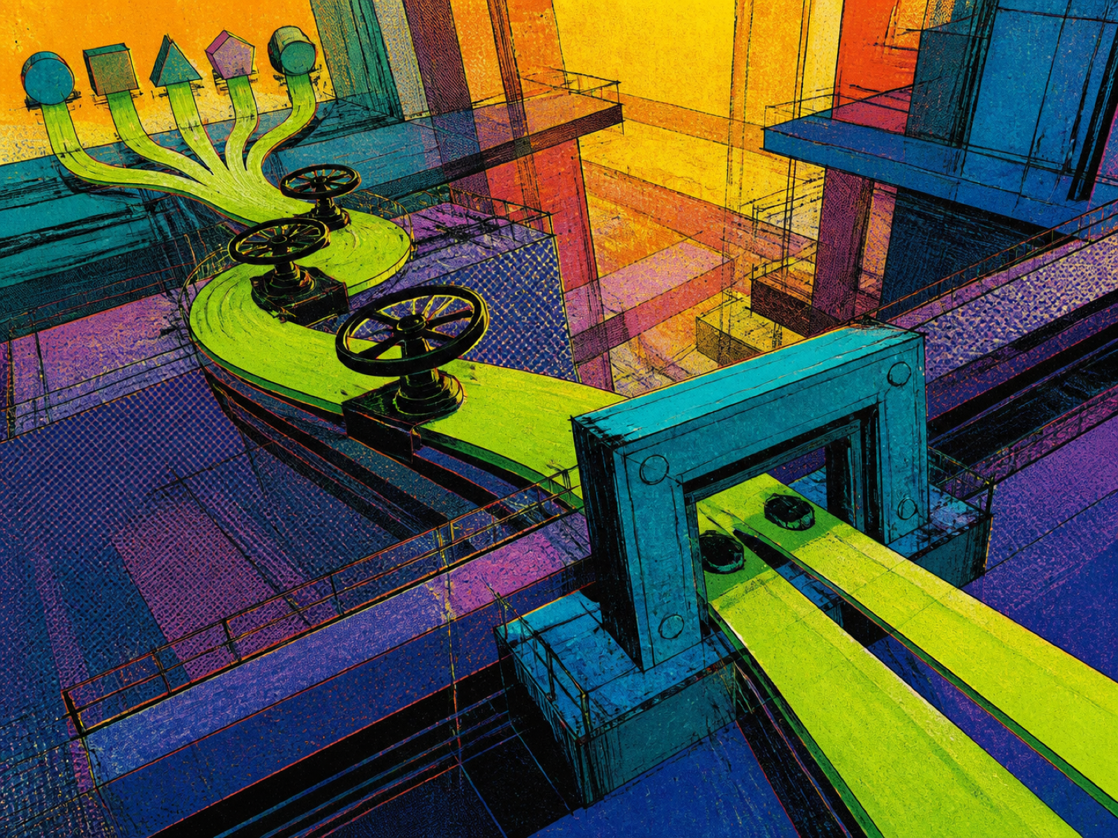 A lime route carries varied inputs through three control wheels and a checkpoint into two orderly outputs.
