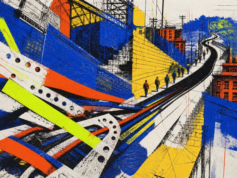Tiny pedestrians walk a winding black route beside a fence as cobalt, orange, lime, and paper bands converge through a fractured industrial city.