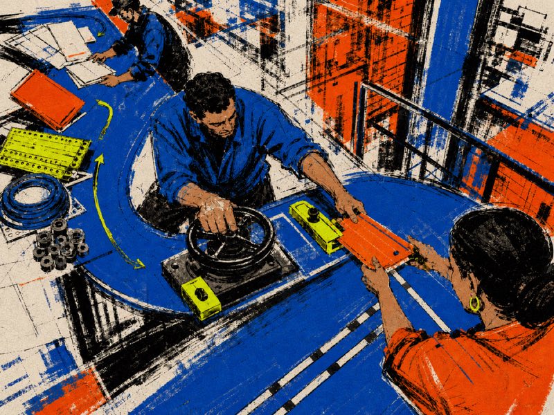 Three people sort varied materials, turn a heavy rotary control, and pass a corrected orange route through lime checkpoints across a distressed cobalt worksite.