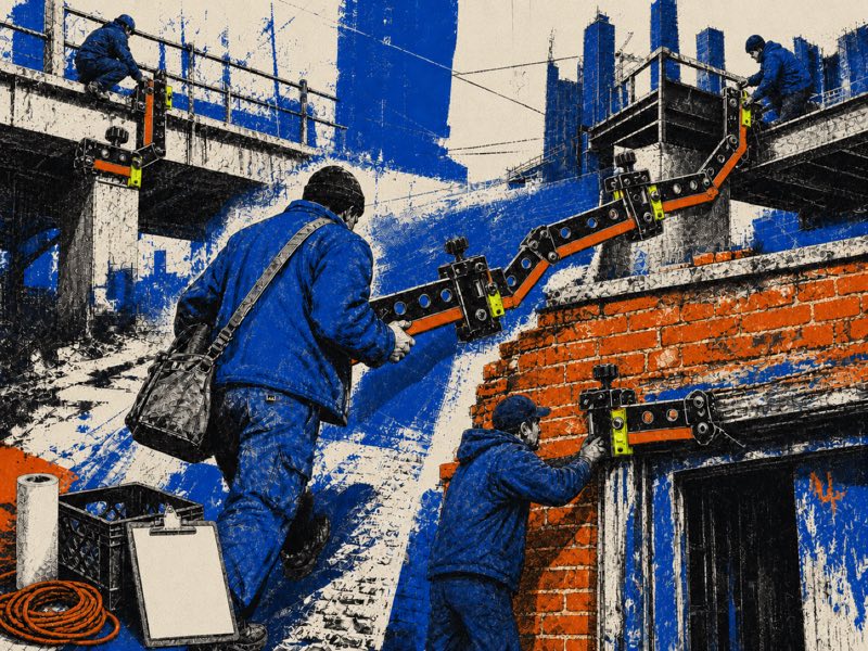 A builder carries an articulated black-and-orange inspection jig through a cobalt construction field, using lime-marked clamps across three distinct builds.