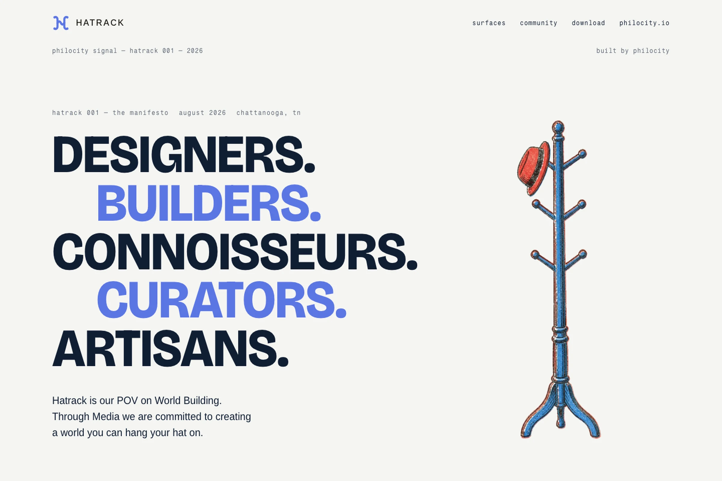 The Hatrack one-pager hero: a mono edition line, five staggered role lines with Builders and Curators in signal blue, and a riso print of a coat rack with one red hat.