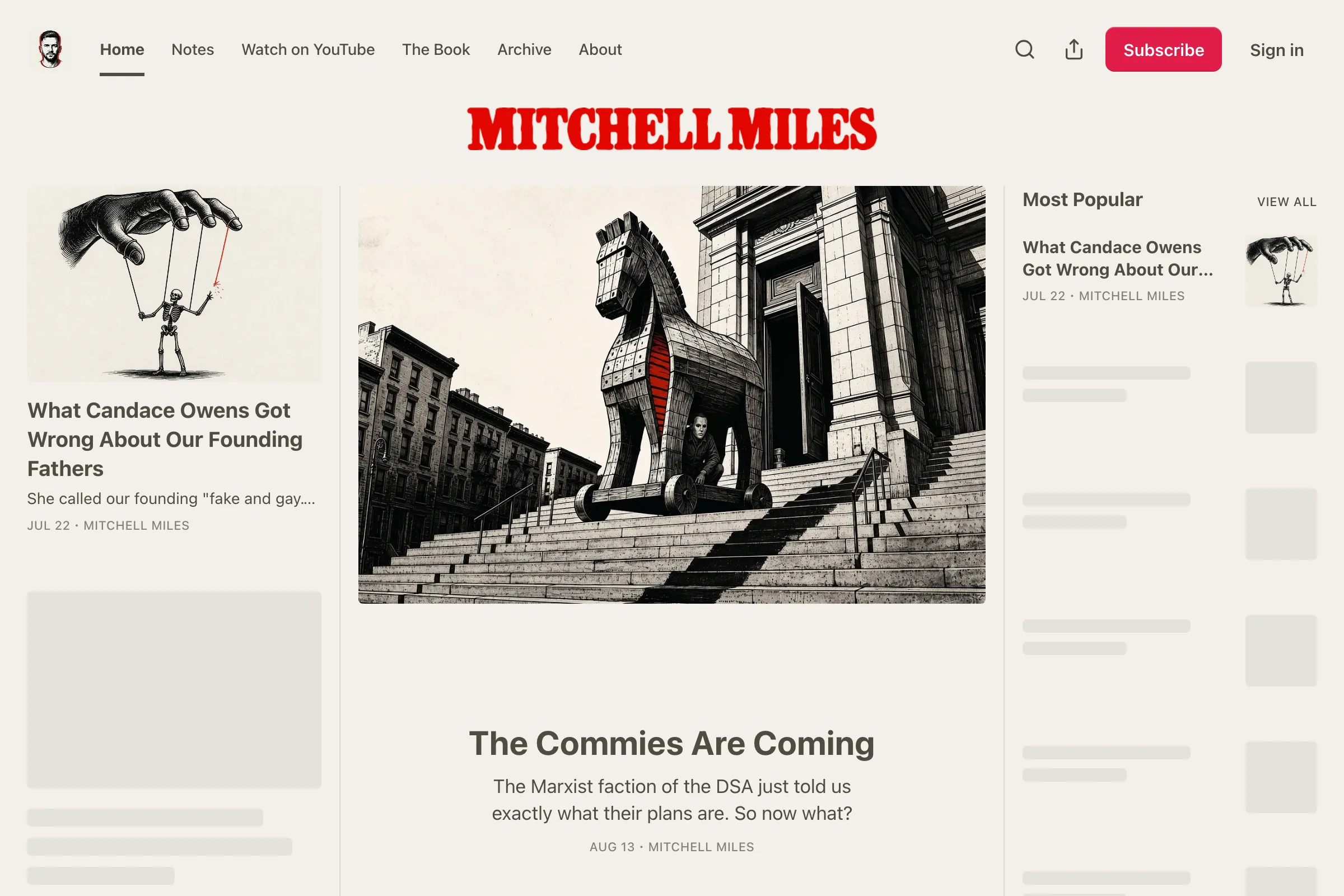 The live Mitchell Miles publication at mitchellmiles.com: the hand-cut lettermark, the tagline Biblical counsel for cultural moments, and the latest essay, A Letter to a Friend Who Left.